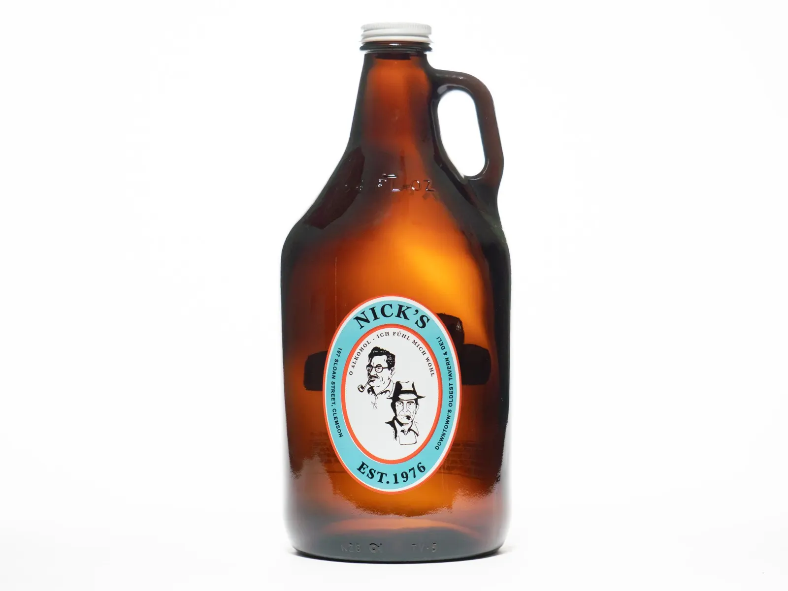 Amber glass growler photographed with clarity on a simple white set