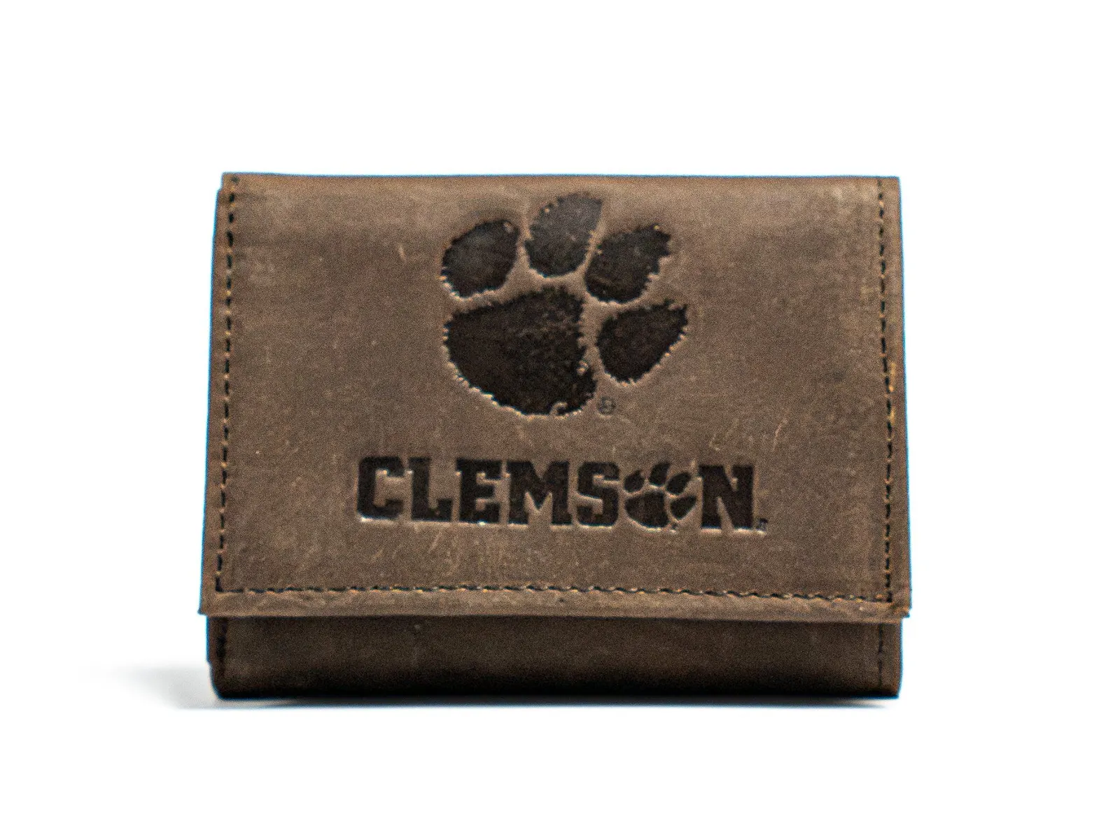 Leather wallet with an embossed mark photographed to keep stitching and surface detail legible